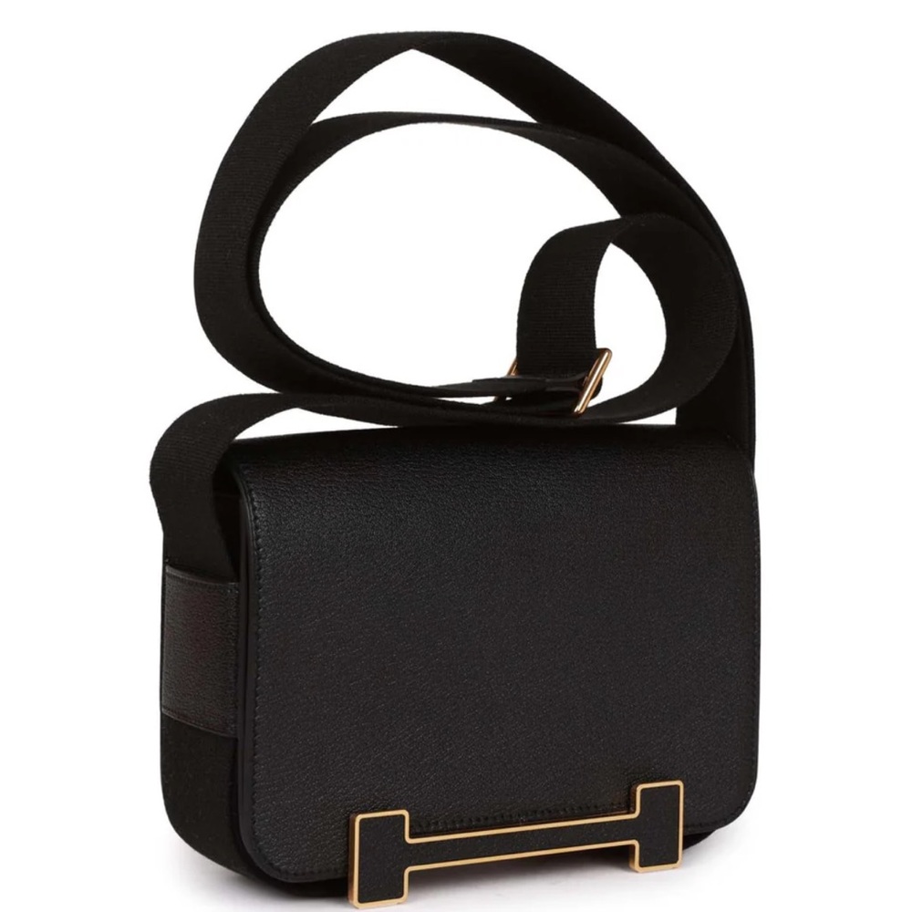 New In Box Hermes Black Geta Crossbody Bag with Gold Accent